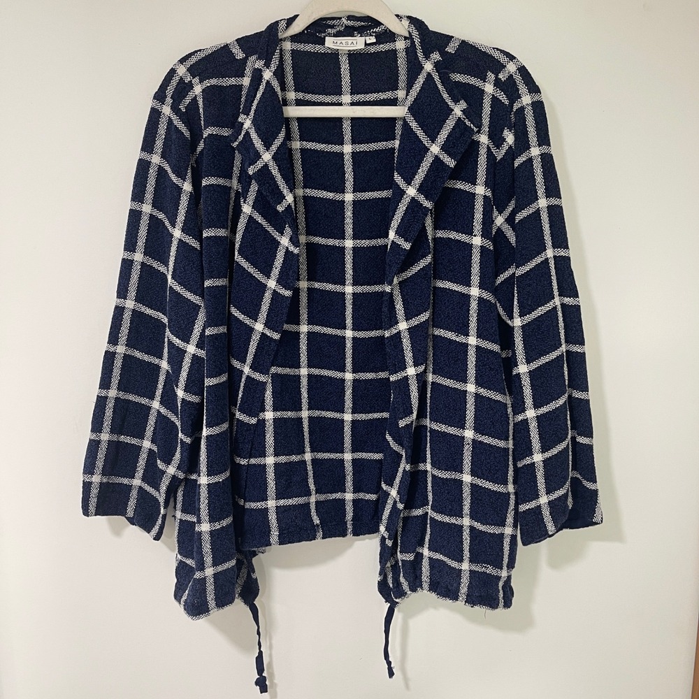 Masai Open Front Cardigan Jacket Women L Blue White Cotton Windowpane‎ Lagenlook